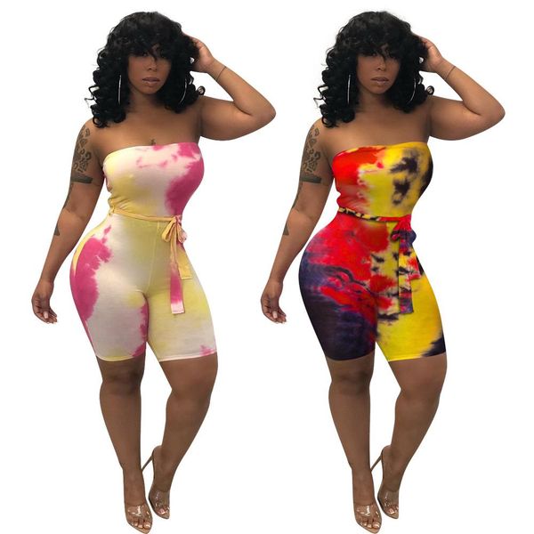 women tie-dyed ladies jumpsuit designer strapless wrap chest casual rompers female holidays beach shorts, Black;white